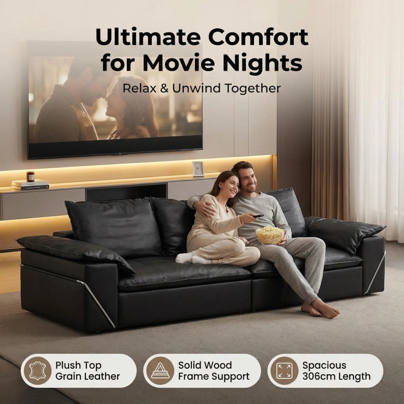 120" Oversized Genuine Top Grain Leather Sofa, 3 Seater Luxury Black Couch with Solid Wood Frame &amp; High