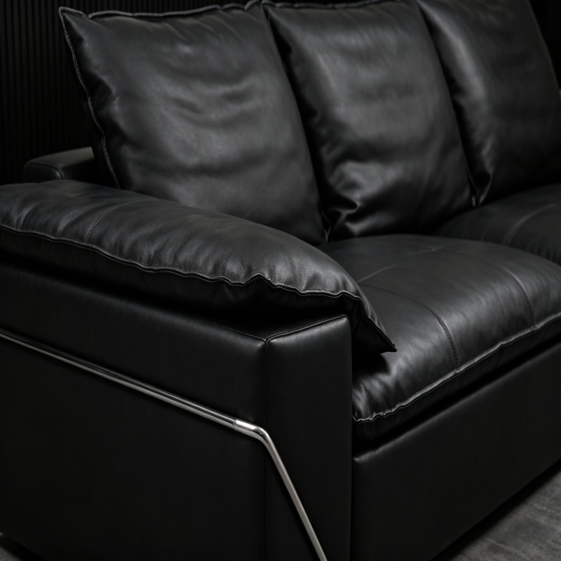 120" Oversized Genuine Top Grain Leather Sofa, 3 Seater Luxury Black Couch with Solid Wood Frame &amp; High Resilience Sponge, Modern Deep Seat Sofa for Living Room, Office, Guest Room, 306x110x90cm