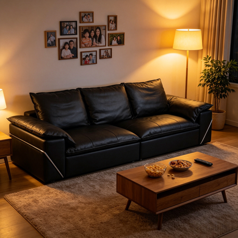 120" Oversized Genuine Top Grain Leather Sofa, 3 Seater Luxury Black Couch with Solid Wood Frame &amp; High Resilience Sponge, Modern Deep Seat Sofa for Living Room, Office, Guest Room, 306x110x90cm