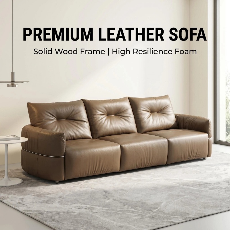 Modern 3 Seater Leather Sofa Couch, Oversized Comfy Upholstered Deep Seat Sofa, Mid-Century Wide Armrest Cloud Couch, Heavy Duty Living Room Furniture Couch for Apartment, Office, Taupe Brown