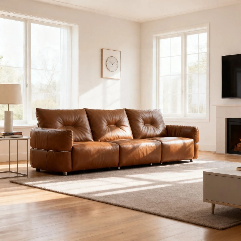 Modern 3 Seater Leather Sofa Couch, Oversized Comfy Upholstered Deep Seat Sofa, Mid-Century Wide Armrest Cloud Couch, He