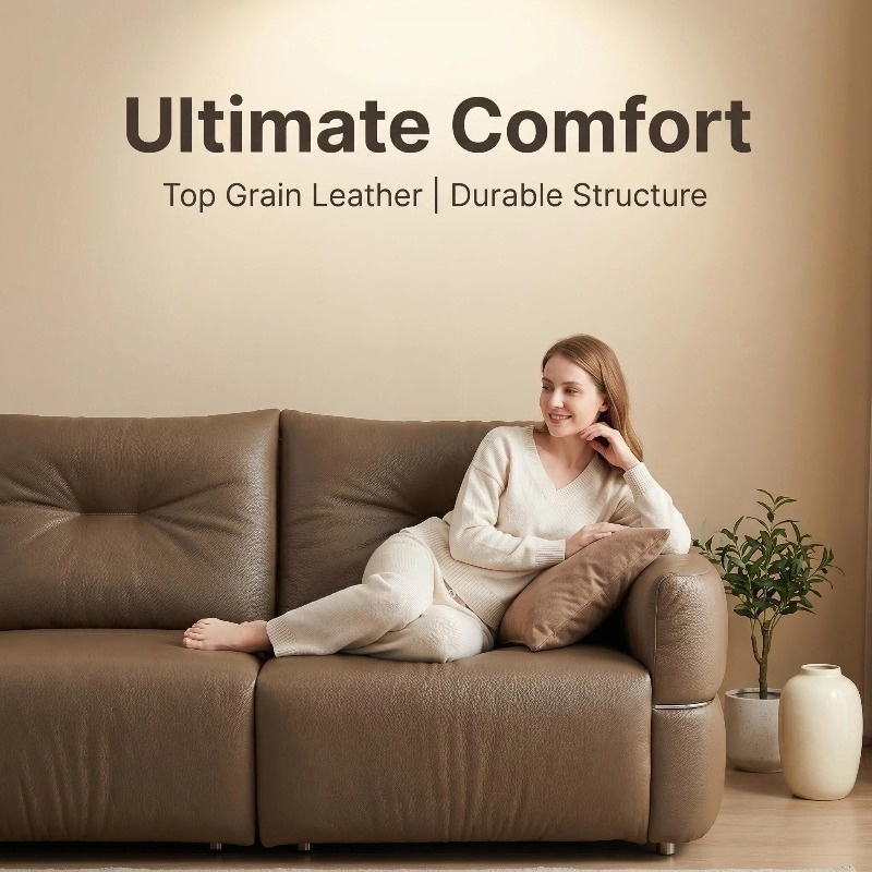 Modern 3 Seater Leather Sofa Couch, Oversized Comfy Upholstered Deep Seat Sofa, Mid-Century Wide Armrest Cloud Couch, Heavy Duty Living Room Furniture Couch for Apartment, Office, Taupe Brown