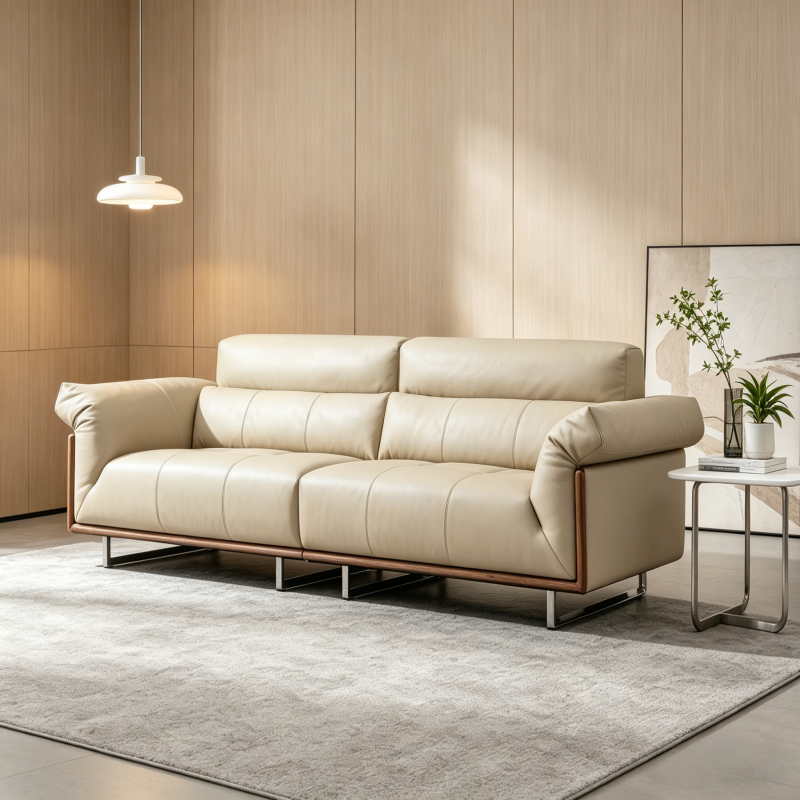 Modern 3 Seater Top Grain Leather Sofa, Mid-Century Deep Seat Couch with Solid Wood Frame &amp;amp; Metal Legs, Luxu