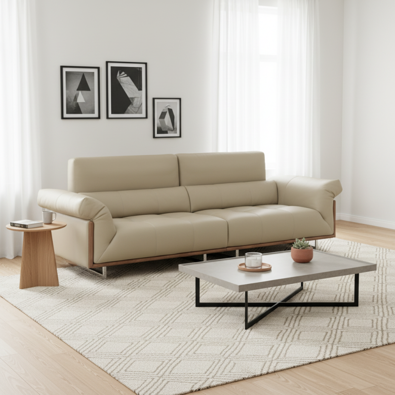 Modern 3 Seater Top Grain Leather Sofa, Mid-Century Deep Seat Couch with Solid Wood Frame &amp;amp; Metal Legs, Luxury Upholstered Sofa Couch for Living Room, Apartment, Office, Beige