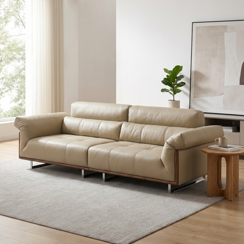 Modern 3 Seater Top Grain Leather Sofa, Mid-Century Deep Seat Couch with Solid Wood Frame &amp;amp; Metal Legs, Luxury Upholstered Sofa Couch for Living Room, Apartment, Office, Beige