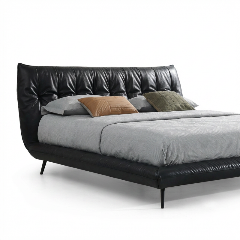 Luxury Black Leather Bed Frame, Ergonomic Padded High Headboard Platform Bed, Minimalist Low Profile Bed Frame for Modern Bedroom Decor