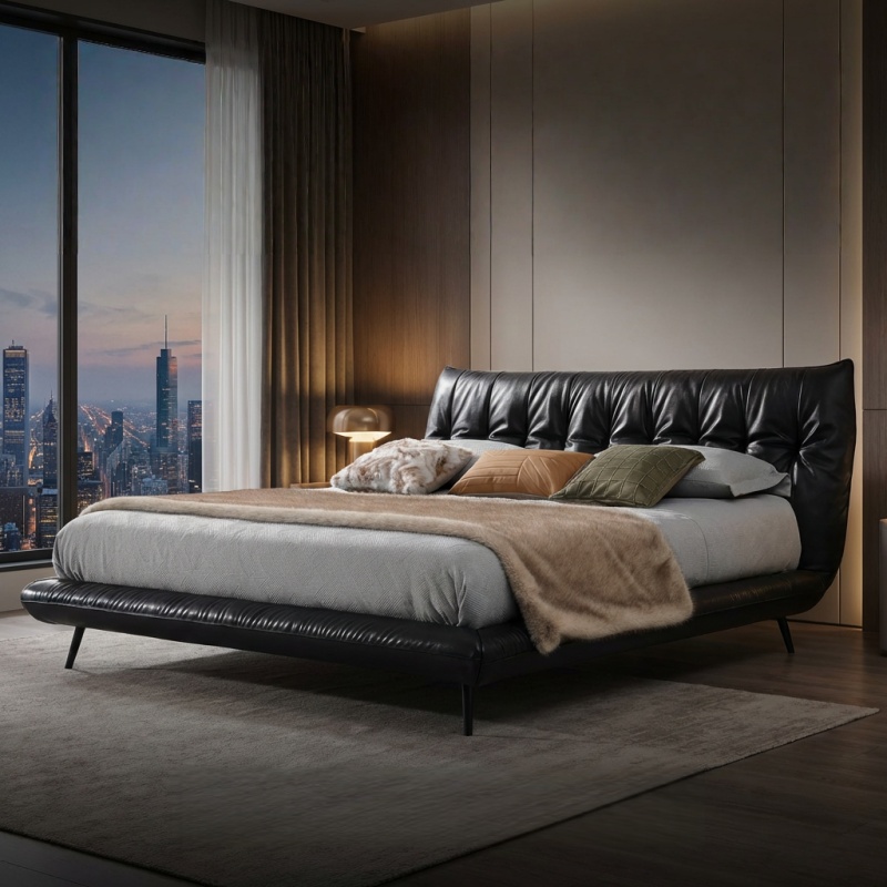 Luxury Black Leather Bed Frame, Ergonomic Padded High Headboard Platform Bed, Minimalist Low Profile Bed Frame for Modern Bedroom Decor