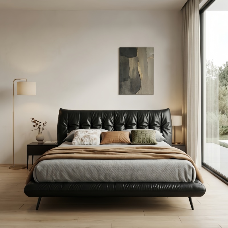 Luxury Black Leather Bed Frame, Ergonomic Padded High Headboard Platform Bed, Minimalist Low Profile Bed Frame for Moder