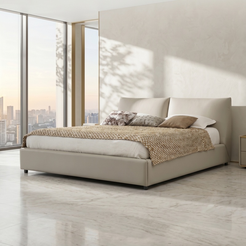 Luxury Minimalist Beige Leather Bed, Comfortable Padded Headboard Platform Bed Frame, Contemporary Solid Bed Frame for M