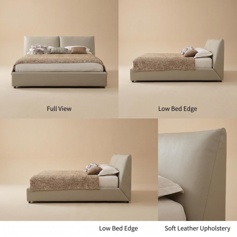 Luxury Minimalist Beige Leather Bed, Comfortable Padded Headboard Platform Bed Frame, Contemporary Solid Bed Frame for Modern Home Decor