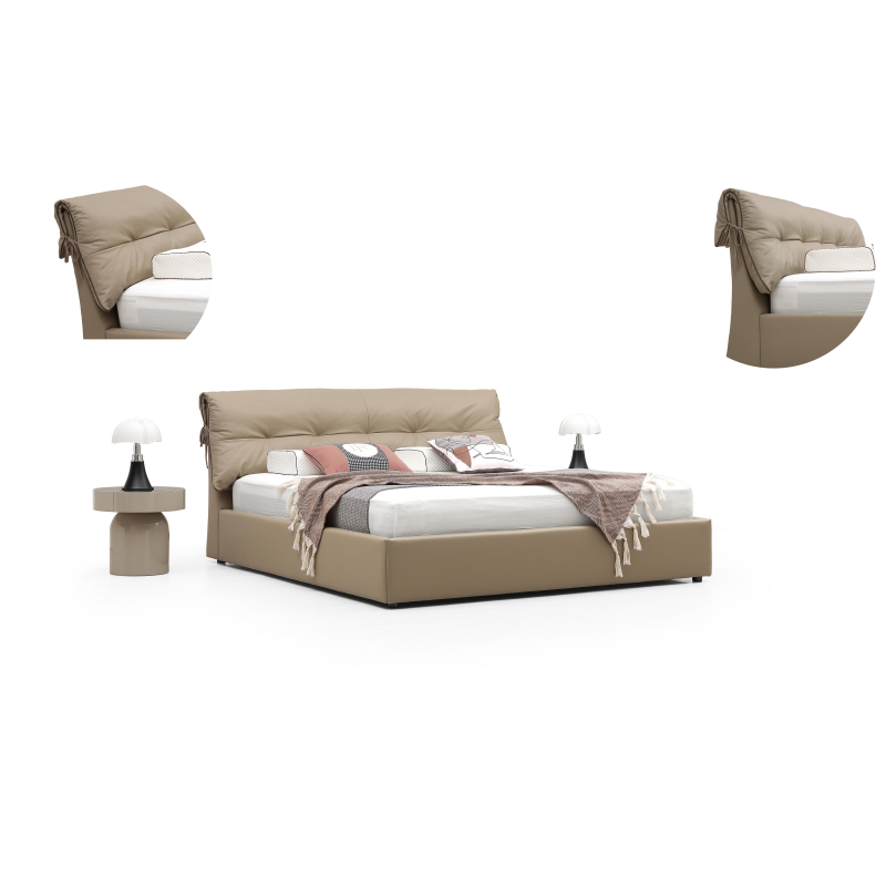 Modern Luxury Soft Bed Frame, Top Grain Leather, High Resilience Foam, Solid Wood Structure with Stainless Steel Decor