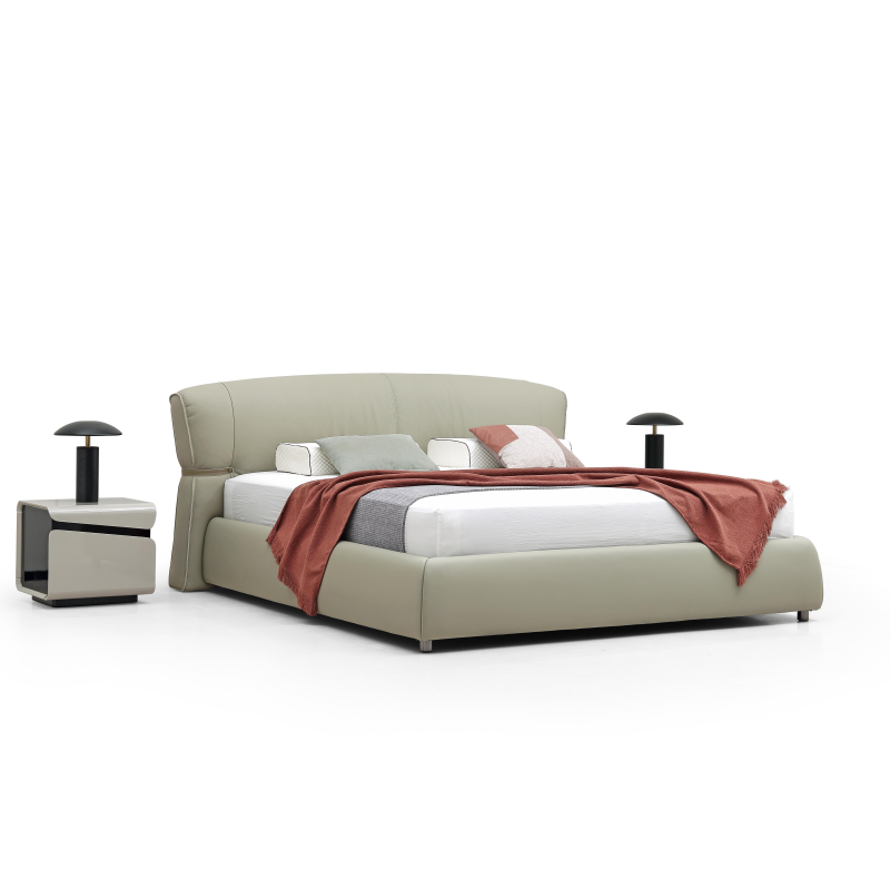 Premium Genuine Leather Bed, Modern Curved Ergonomic Padded Headboard Platform Bed Frame, All Leather Upholstered Minimalist Bed for Luxury Bedroom Decor