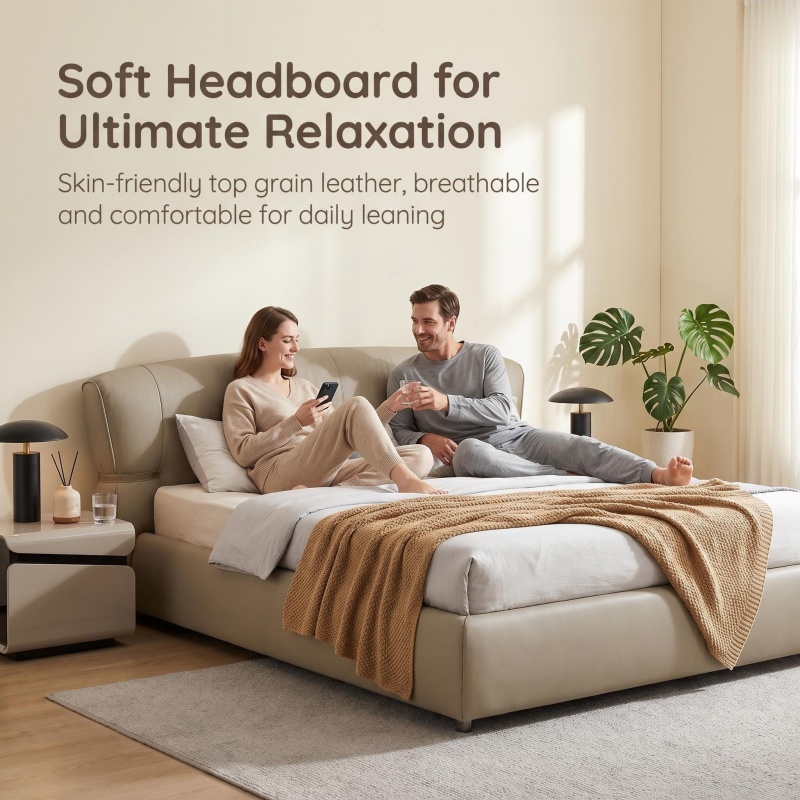 Premium Genuine Leather Bed, Modern Curved Ergonomic Padded Headboard Platform Bed Frame, All Leather Upholstered Minima
