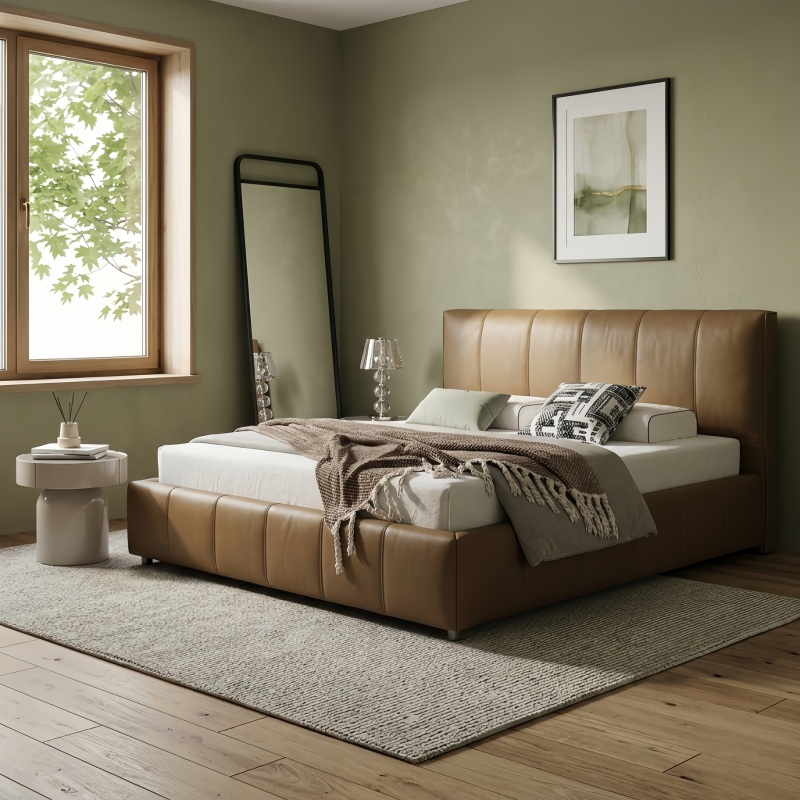 Premium Full Genuine Leather Bed, Minimalist Solid Padded Headboard Platform Bed Frame, Modern All-Leather Upholstered B