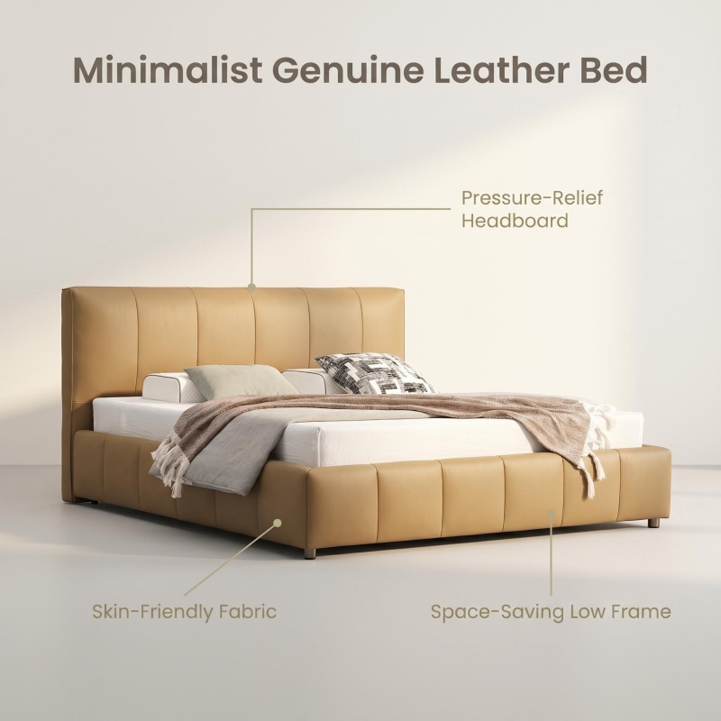 Premium Full Genuine Leather Bed, Minimalist Solid Padded Headboard Platform Bed Frame, Modern All-Leather Upholstered Bed for Luxury Bedroom Home Decor