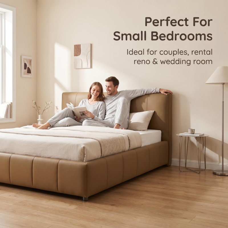 Premium Full Genuine Leather Bed, Minimalist Solid Padded Headboard Platform Bed Frame, Modern All-Leather Upholstered Bed for Luxury Bedroom Home Decor