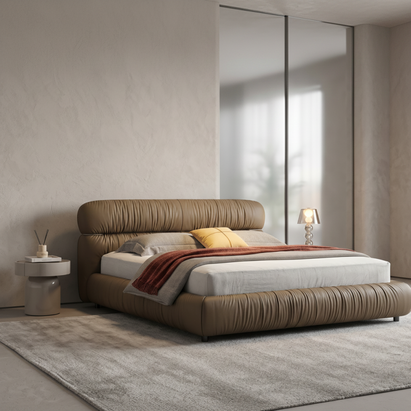 Premium All Genuine Leather Bed Frame, Contemporary Cloud Soft Upholstered Platform Bed, Minimalist Low Profile Bed for 