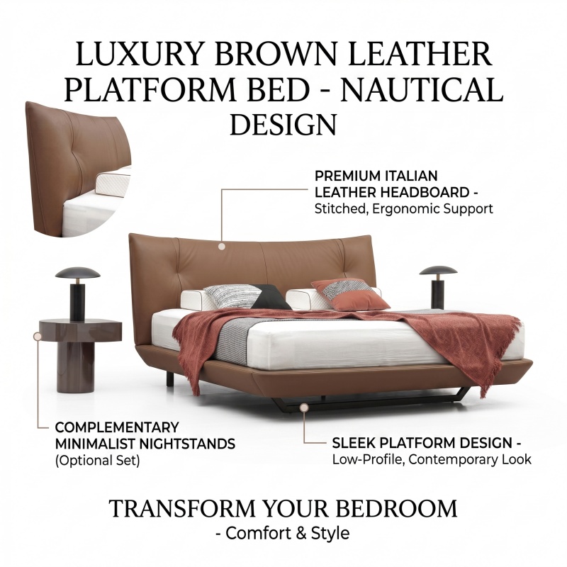 Premium Full Genuine Leather Bed, Modern Wingback Curved Headboard Platform Bed, Minimalist Low Sleigh Bed Frame for Luxury Home Bedroom Decor