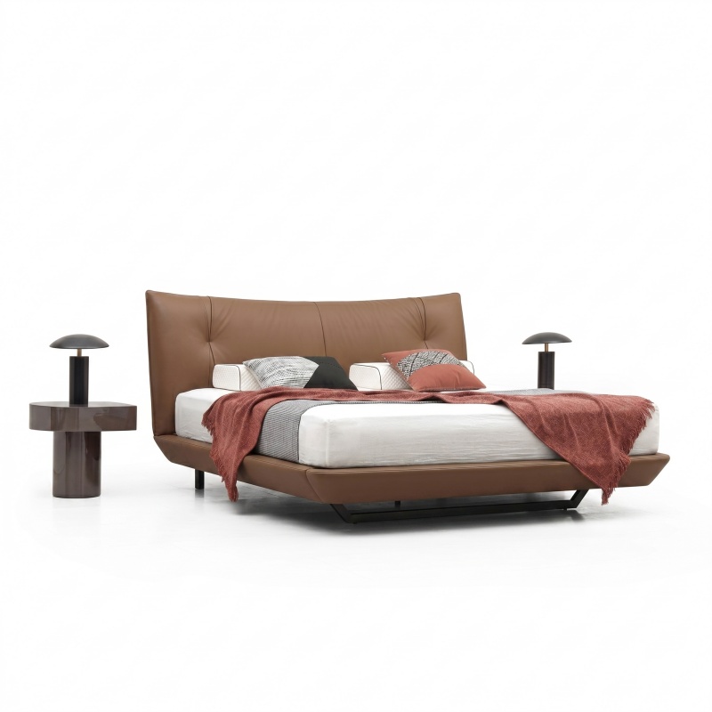 Premium Full Genuine Leather Bed, Modern Wingback Curved Headboard Platform Bed, Minimalist Low Sleigh Bed Frame for Luxury Home Bedroom Decor