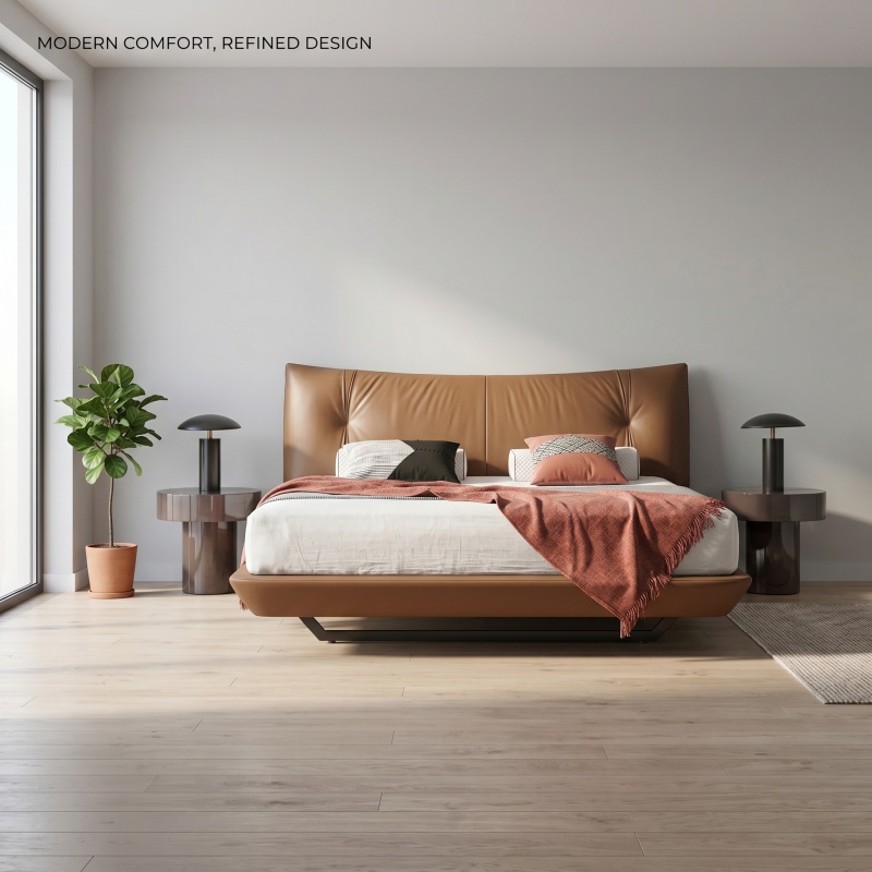 Premium Full Genuine Leather Bed, Modern Wingback Curved Hea
