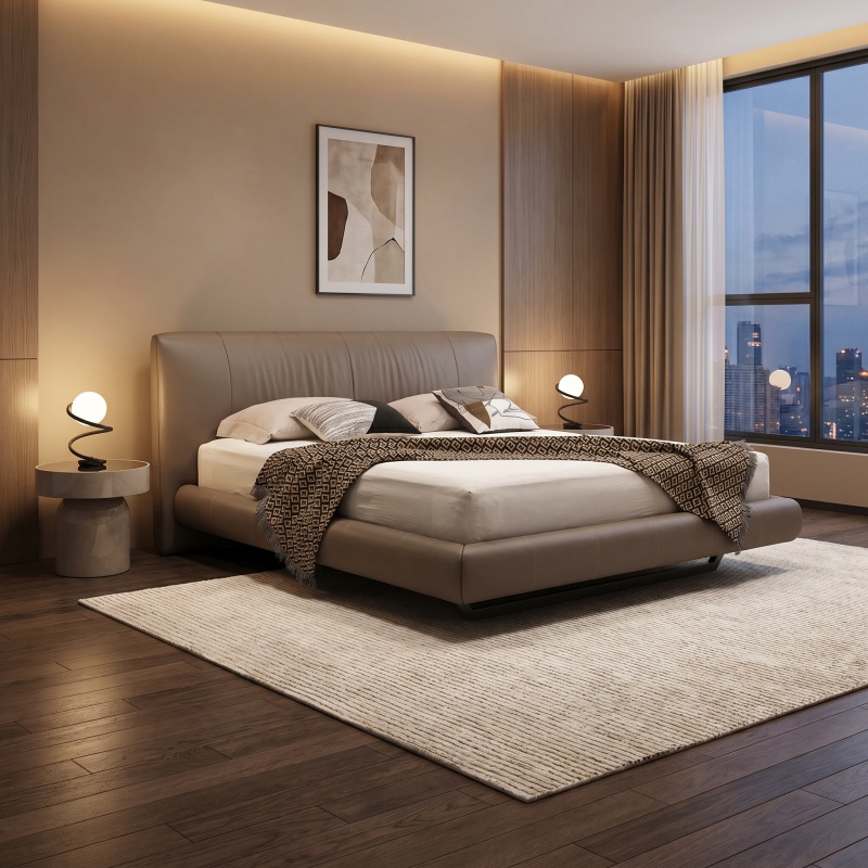 Premium Full Genuine Leather Bed, Modern Wingback Curved Headboard Platform Bed, Minimalist Low Profile Bed for Luxury T