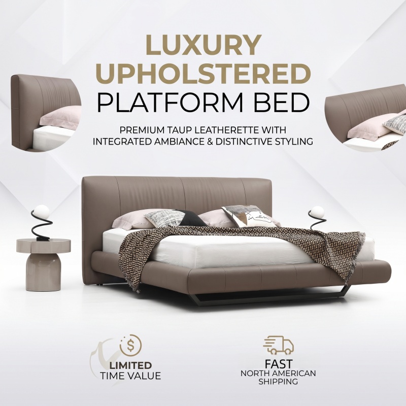 Premium Full Genuine Leather Bed, Modern Wingback Curved Headboard Platform Bed, Minimalist Low Profile Bed for Luxury Taupe Gray Bedroom Decor