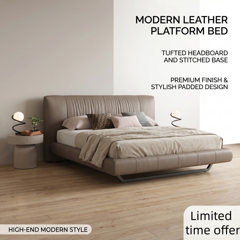 Premium Full Genuine Leather Bed, Modern Wingback Curved Headboard Platform Bed, Minimalist Low Profile Bed for Luxury Taupe Gray Bedroom Decor