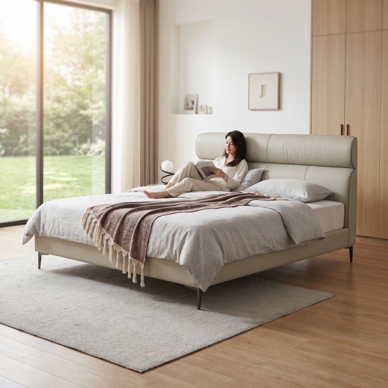 Light Beige Genuine Leather Platform Bed Frame, Modern Ergonomic Curved Padded Headboard Bed, Low Profile Upholstered Be