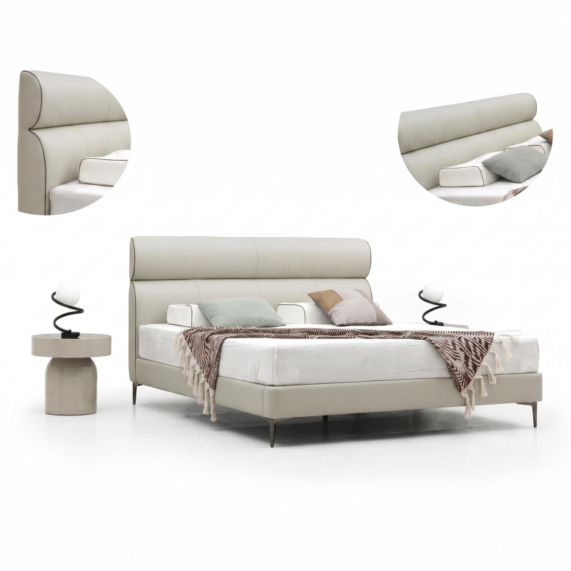 Light Beige Genuine Leather Platform Bed Frame, Modern Ergonomic Curved Padded Headboard Bed, Low Profile Upholstered Bed with Sturdy Metal Legs, No Box Spring Needed, Bedroom Furniture