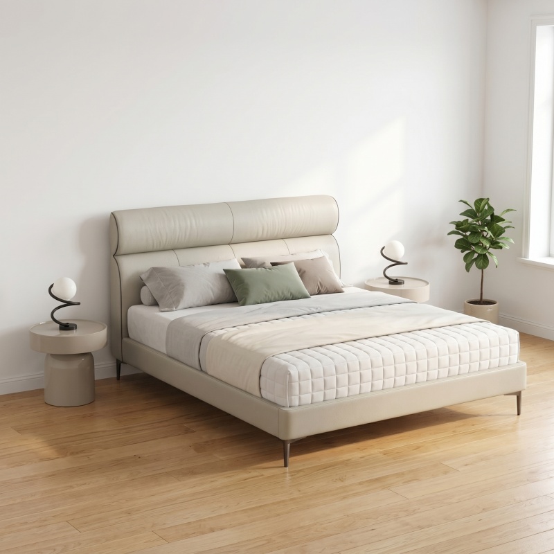 Light Beige Genuine Leather Platform Bed Frame, Modern Ergonomic Curved Padded Headboard Bed, Low Profile Upholstered Bed with Sturdy Metal Legs, No Box Spring Needed, Bedroom Furniture