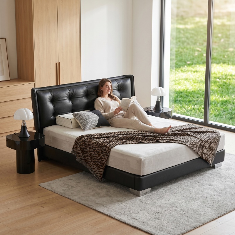 Black Genuine Leather Platform Bed Frame, Tufted Button Padded Headboard Upholstered Bed, Modern Low Profile Bed Base, N