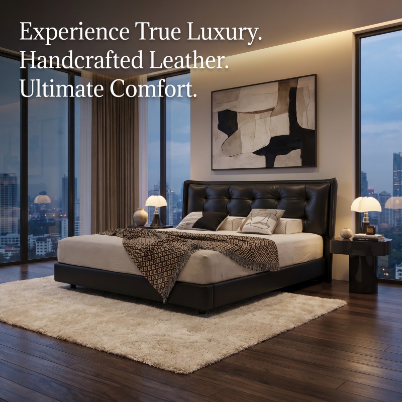 Black Genuine Leather Platform Bed Frame, Tufted Button Padded Headboard Upholstered Bed, Modern Low Profile Bed Base, No Box Spring Needed, Bedroom Furniture for Master Apartment
