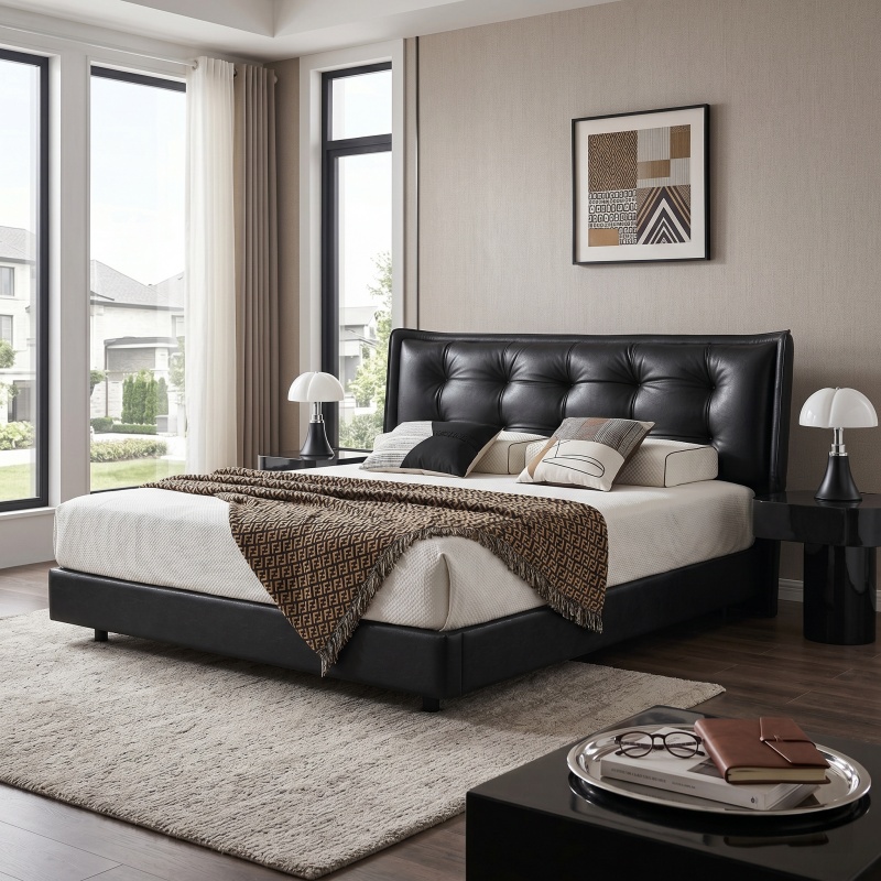Black Genuine Leather Platform Bed Frame, Tufted Button Padded Headboard Upholstered Bed, Modern Low Profile Bed Base, No Box Spring Needed, Bedroom Furniture for Master Apartment