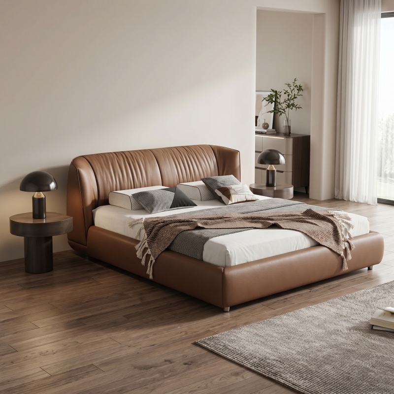 Premium Full Genuine Leather Bed, Italian Minimalist Curved Padded Headboard Platform Bed Frame, Modern All-Wrapped Low 