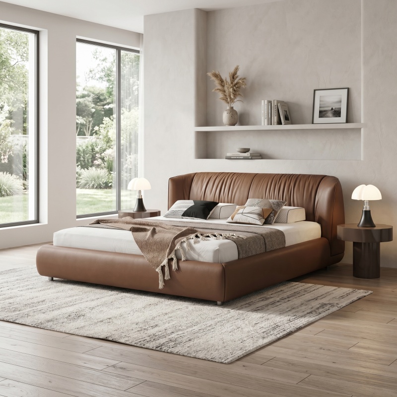 Premium Full Genuine Leather Bed, Italian Minimalist Curved Padded Headboard Platform Bed Frame, Modern All-Wrapped Low Bed for Luxury Bedroom Interior