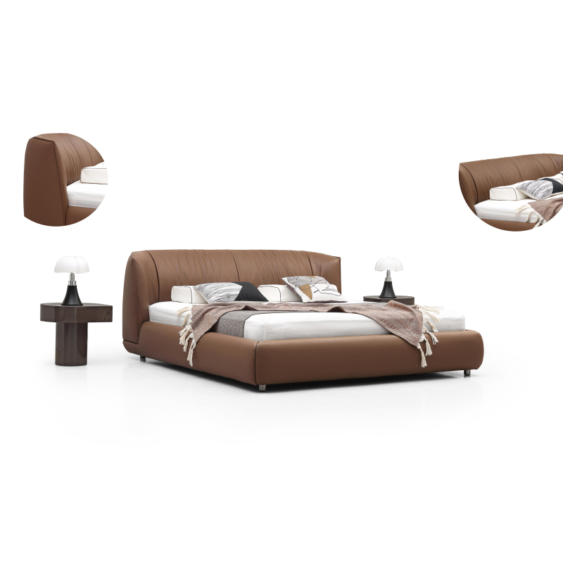Premium Full Genuine Leather Bed, Italian Minimalist Curved Padded Headboard Platform Bed Frame, Modern All-Wrapped Low Bed for Luxury Bedroom Interior