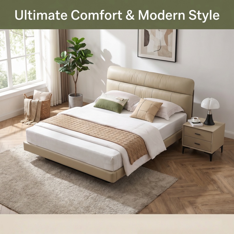 Premium Genuine Leather Bed Frame, Modern Minimalist Low Profile Platform Bed, Soft Padded Headboard Upholstered Bed for Contemporary Light Luxury Bedroom Decor