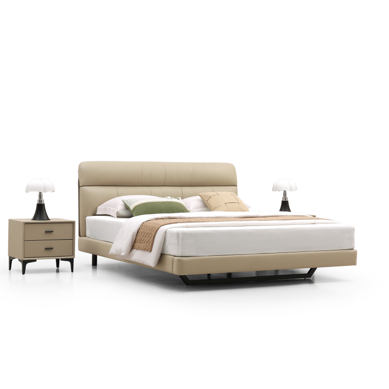 Premium Genuine Leather Bed Frame, Modern Minimalist Low Profile Platform Bed, Soft Padded Headboard Upholstered Bed for Contemporary Light Luxury Bedroom Decor