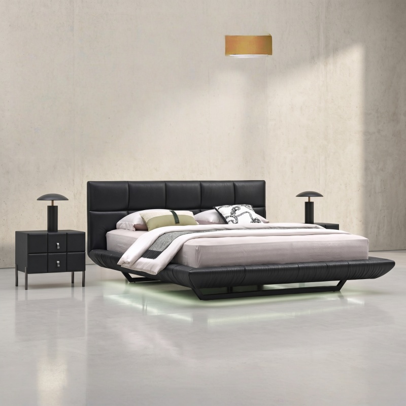 remium Genuine Leather Floating Bed, Modern Square Stitched Padded Headboard Bed Frame, Minimalist Low Profile Luxury Upholstered Bed for Contemporary Bedroom Decor