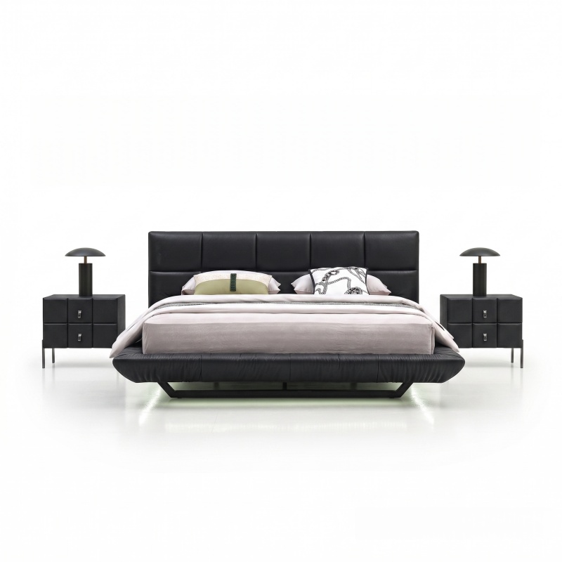 remium Genuine Leather Floating Bed, Modern Square Stitched Padded Headboard Bed Frame, Minimalist Low Profile Luxury Upholstered Bed for Contemporary Bedroom Decor