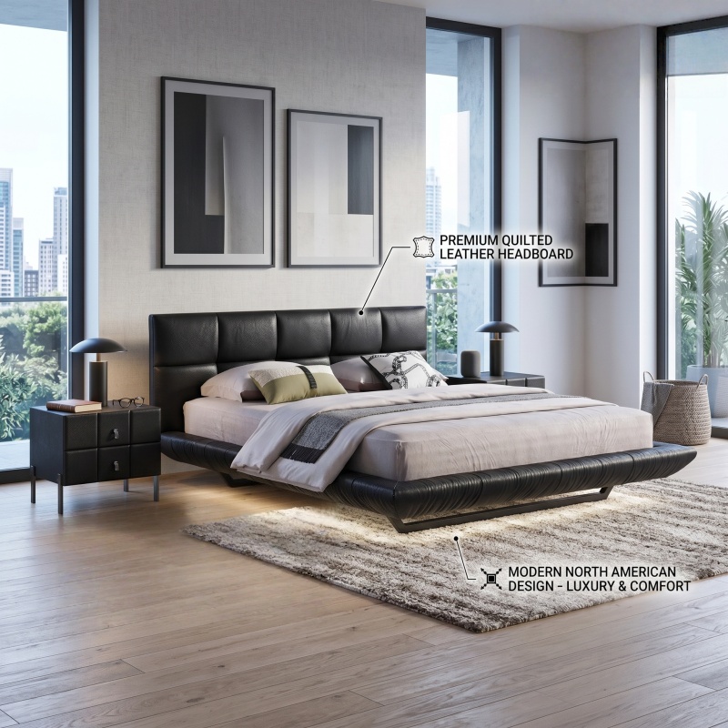 remium Genuine Leather Floating Bed, Modern Square Stitched Padded Headboard Bed Frame, Minimalist Low Profile Luxury Up