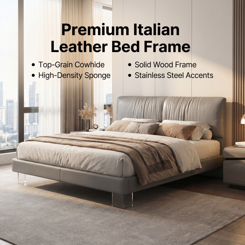 Premium Full Genuine Leather Bed, Contemporary Minimalist Padded Headboard Bed Frame, Sleek Low Profile Bed for Modern Light Luxury Home Decor