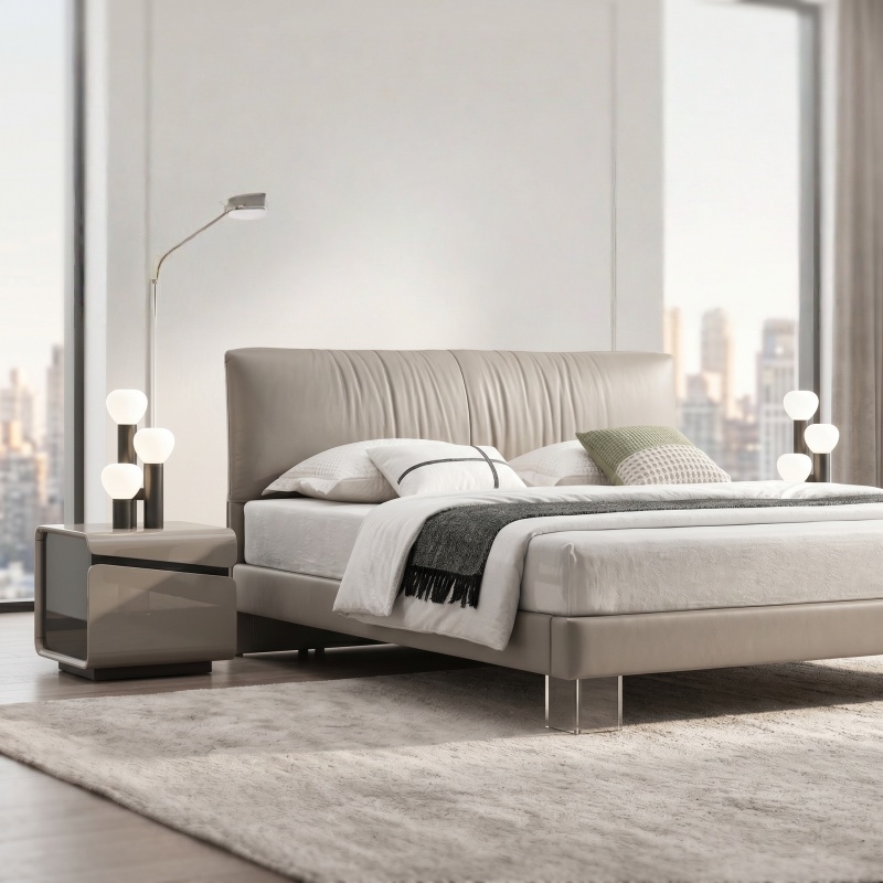 Premium Full Genuine Leather Bed, Contemporary Minimalist Padded Headboard Bed Frame, Sleek Low Profile Bed for Modern L