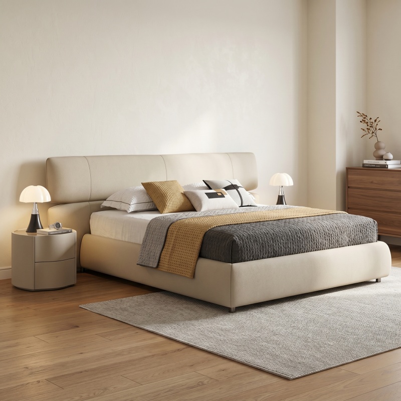Premium Full Genuine Leather Bed, Contemporary Minimalist Cloud Padded Headboard Platform Bed Frame, Sleek Low Bed for Modern Light Luxury Bedroom