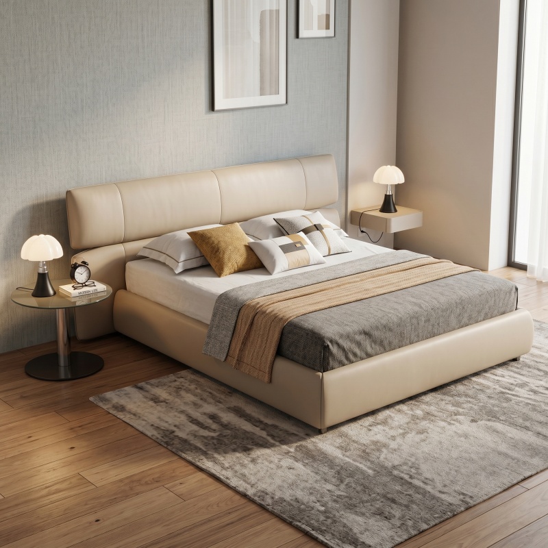 Premium Full Genuine Leather Bed, Contemporary Minimalist Cloud Padded Headboard Platform Bed Frame, Sleek Low Bed for M
