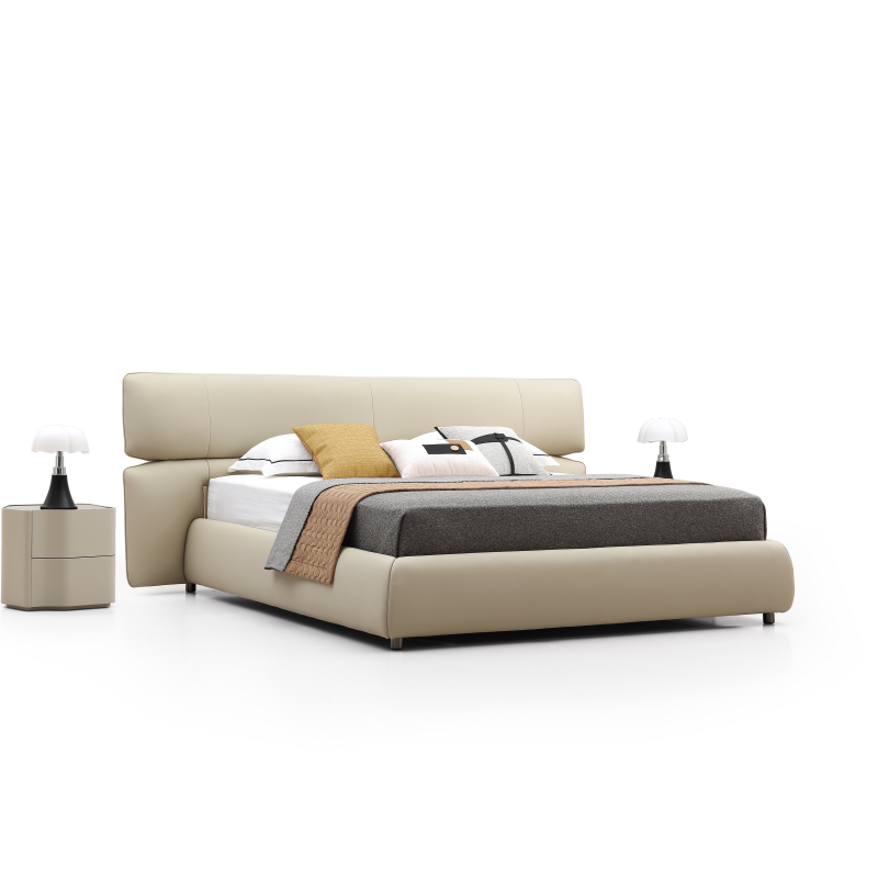 Premium Full Genuine Leather Bed, Contemporary Minimalist Cloud Padded Headboard Platform Bed Frame, Sleek Low Bed for Modern Light Luxury Bedroom