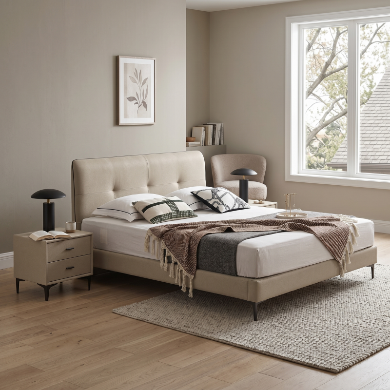 Premium Full Genuine Leather Bed, Modern Minimalist Tufted Headboard Platform Bed Frame, Sleek Low Profile Bed for Contemporary Light Luxury Bedroom
