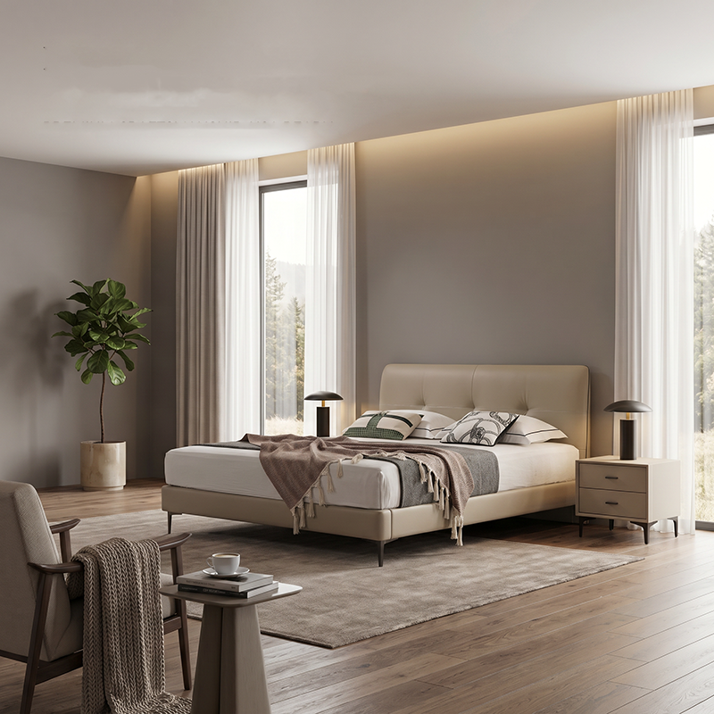 Premium Full Genuine Leather Bed, Modern Minimalist Tufted Headboard Platform Bed Frame, Sleek Low Profile Bed for Conte