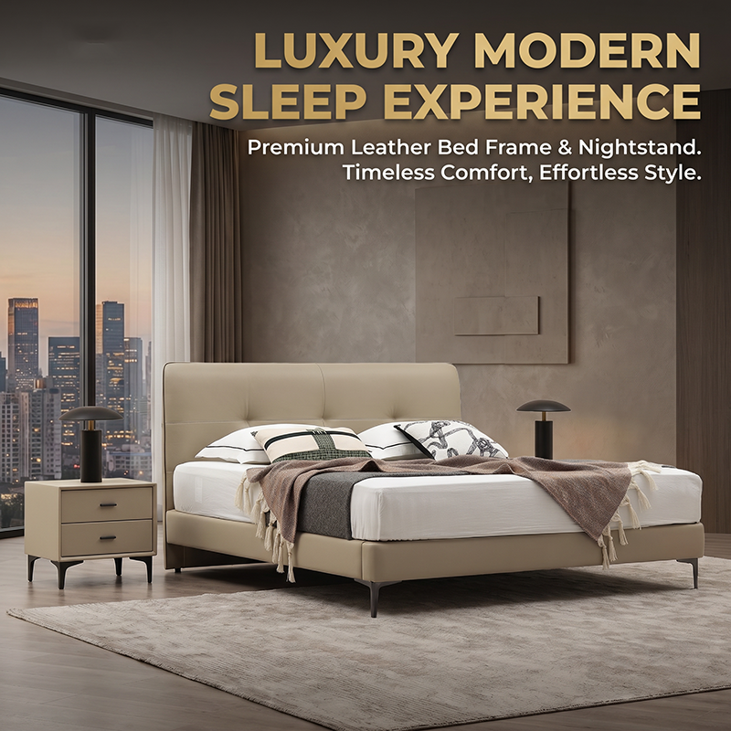 Premium Full Genuine Leather Bed, Modern Minimalist Tufted Headboard Platform Bed Frame, Sleek Low Profile Bed for Contemporary Light Luxury Bedroom