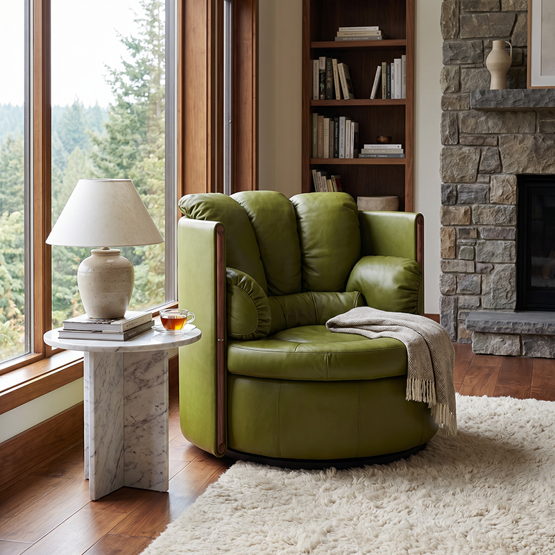 Premium Cloud Fabric Swivel Chair, High Resilience Sponge + Down Filled Cozy Upholstered Chair, Natural Ash Wood Accent,